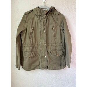 Love Tree Olive Green Utility Jacket Hooded Button Snap Zip Pockets Medium